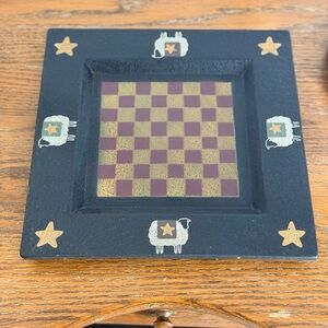 Primitive Black and Gold Checkerboard wood plate 10”